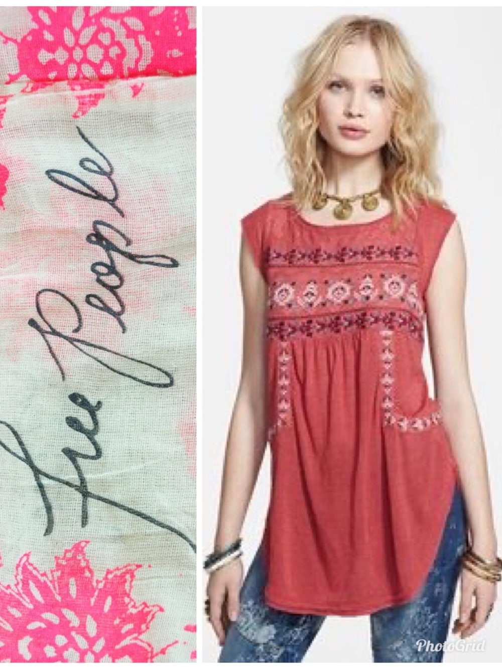 Free People Red Embroidered Sleeveless Tunic Top